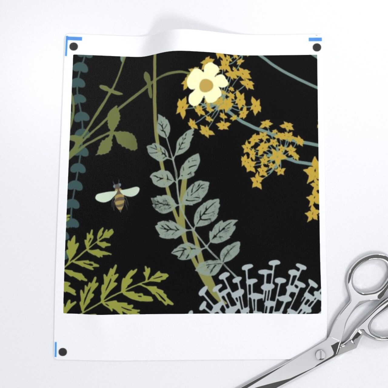 Black Jumbo Botanica Black Green Flowers Leaves Floral Nature Plants Garden Bees Botanical Custom Printed Fabric by Spoonflower Various Fabrics by the Yard or Fat Quarter